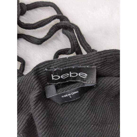 Bebe Ribbed Black Lace up Neck Stretchy Sleeveless Mini Dress Y2K Sz L Large Vin - Picture 3 of 8